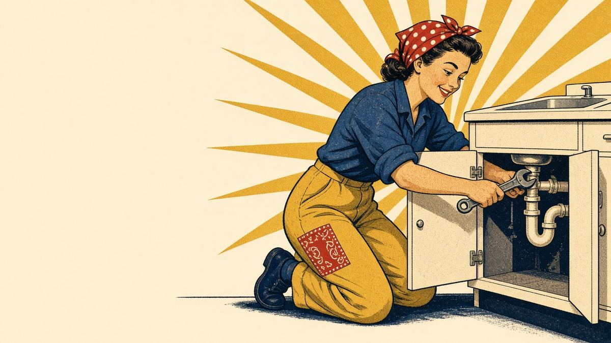Poster-style illustration of a confident woman in a navy work shirt and red polka-dot bandana kneeling at an open kitchen sink cabinet, tightening a drain pipe with a wrench, with mustard-yellow sunburst rays behind her
